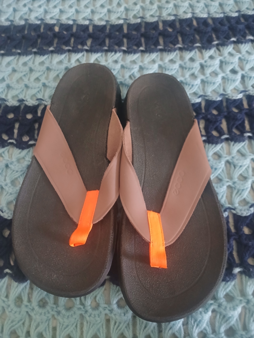 Ecco Men's Brown Flip-Flop Sandals with Orange Accent